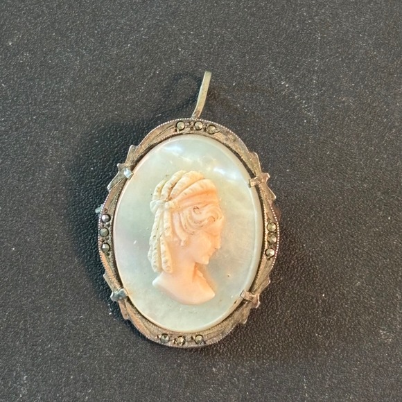 Jewelry - Vintage Tested Silver Marcasite Shell Cameo Brooch Pendant Mother of Pearl SS6